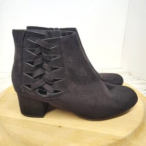 Black Faux Suede Ankle Booties Woven Cutout‎ Block Heel Zip Women's 7.5